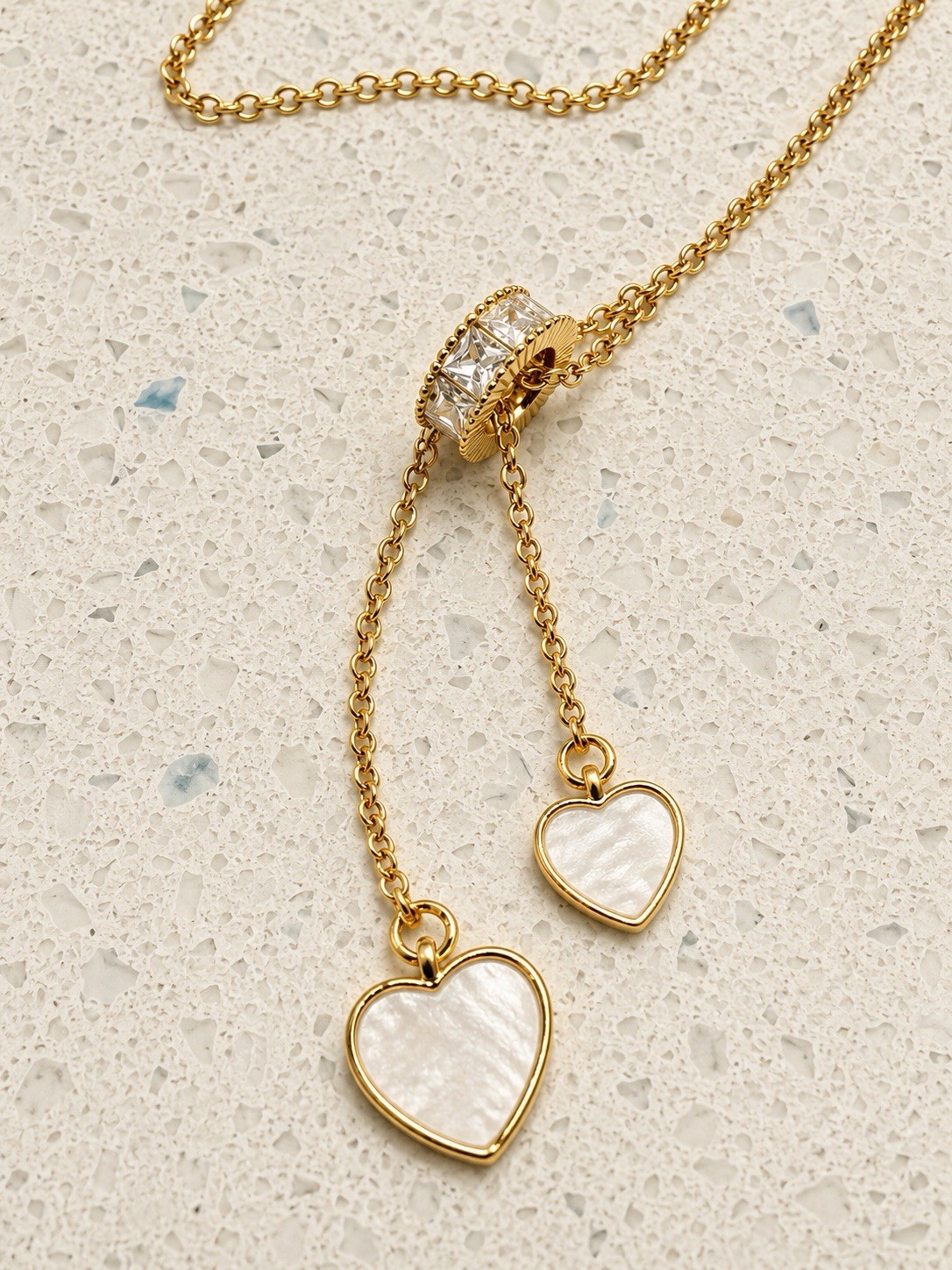 Heart Necklace Gold Plated Adjustable Lariat Y Mother of Pearl CZ Charm