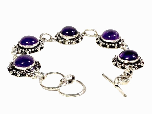 Amethyst Gemstone Bracelet Silver Chain Link Handmade 16.4 grams 7 inch