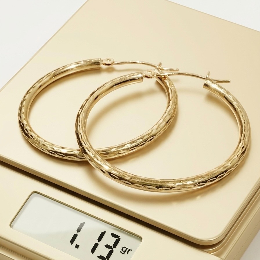 10K Yellow Gold Diamond Cut Hoop Earrings 30mm x 2mm Sparkling Everyday Hoops