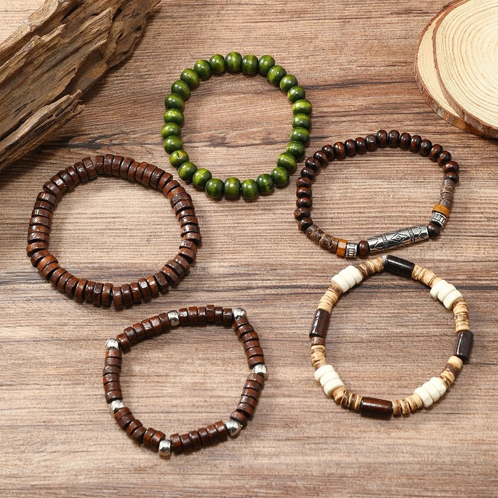 5PCS Wooden Bead Bracelet Set Elastic Retro Unisex Bangle Jewelry