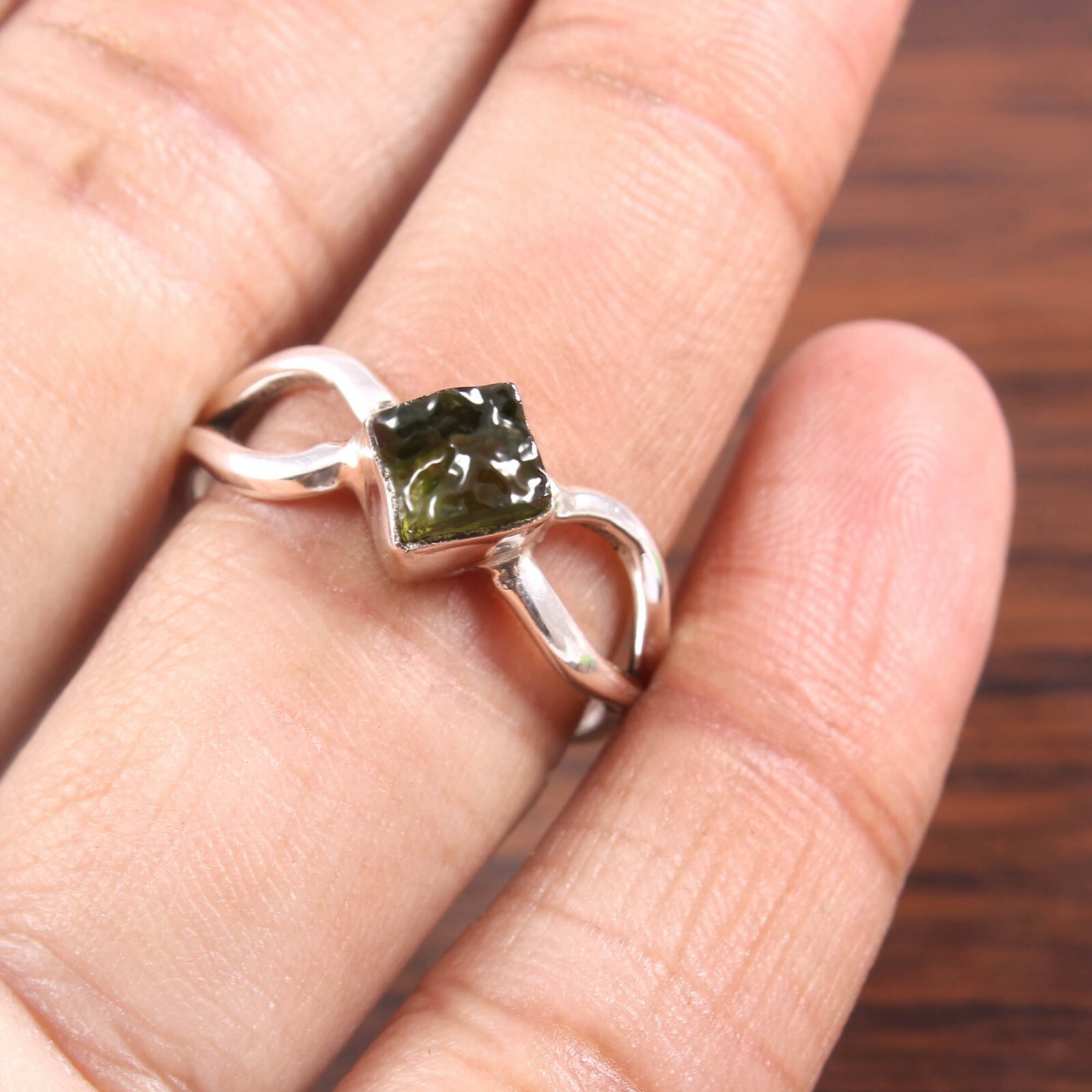 Natural Moldavite Rough Ring Czech Republic Moldavite Ring 925 Sterling Silver