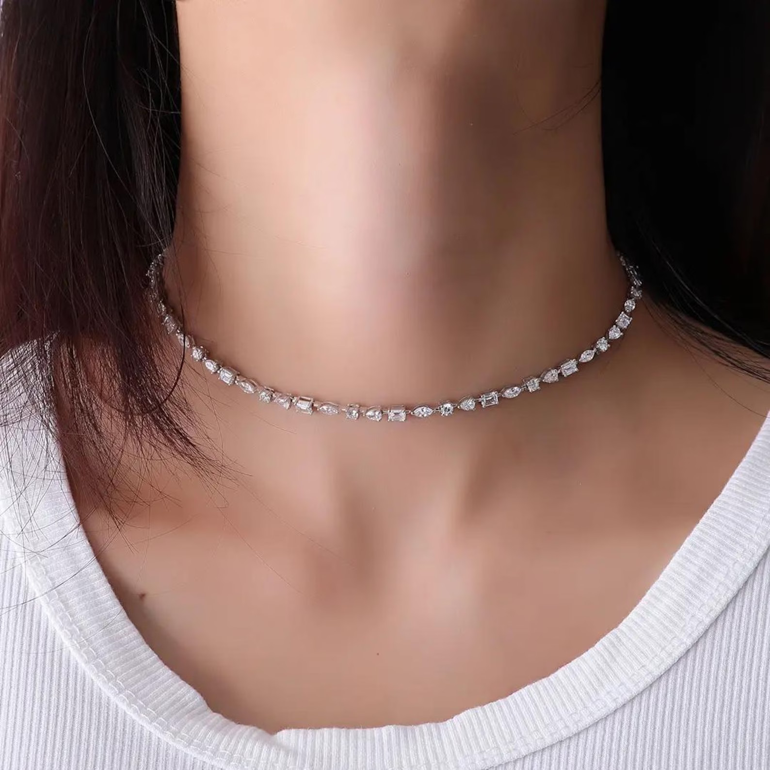 16Ct Multishape Lab Created Diamond 14k White Gold Plated 18Inch Tennis Necklace