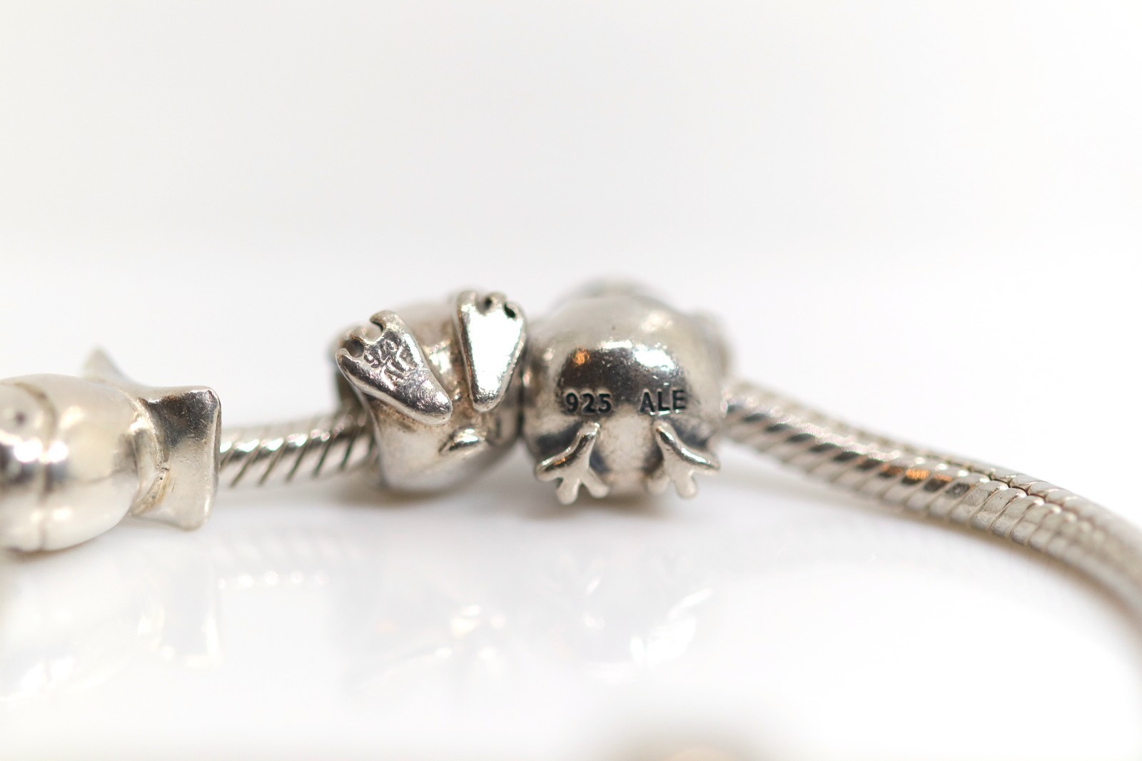 Pandora Sterling Silver Bracelet 925 + 6 Charms Shamrock Chick Fish Heart Frog