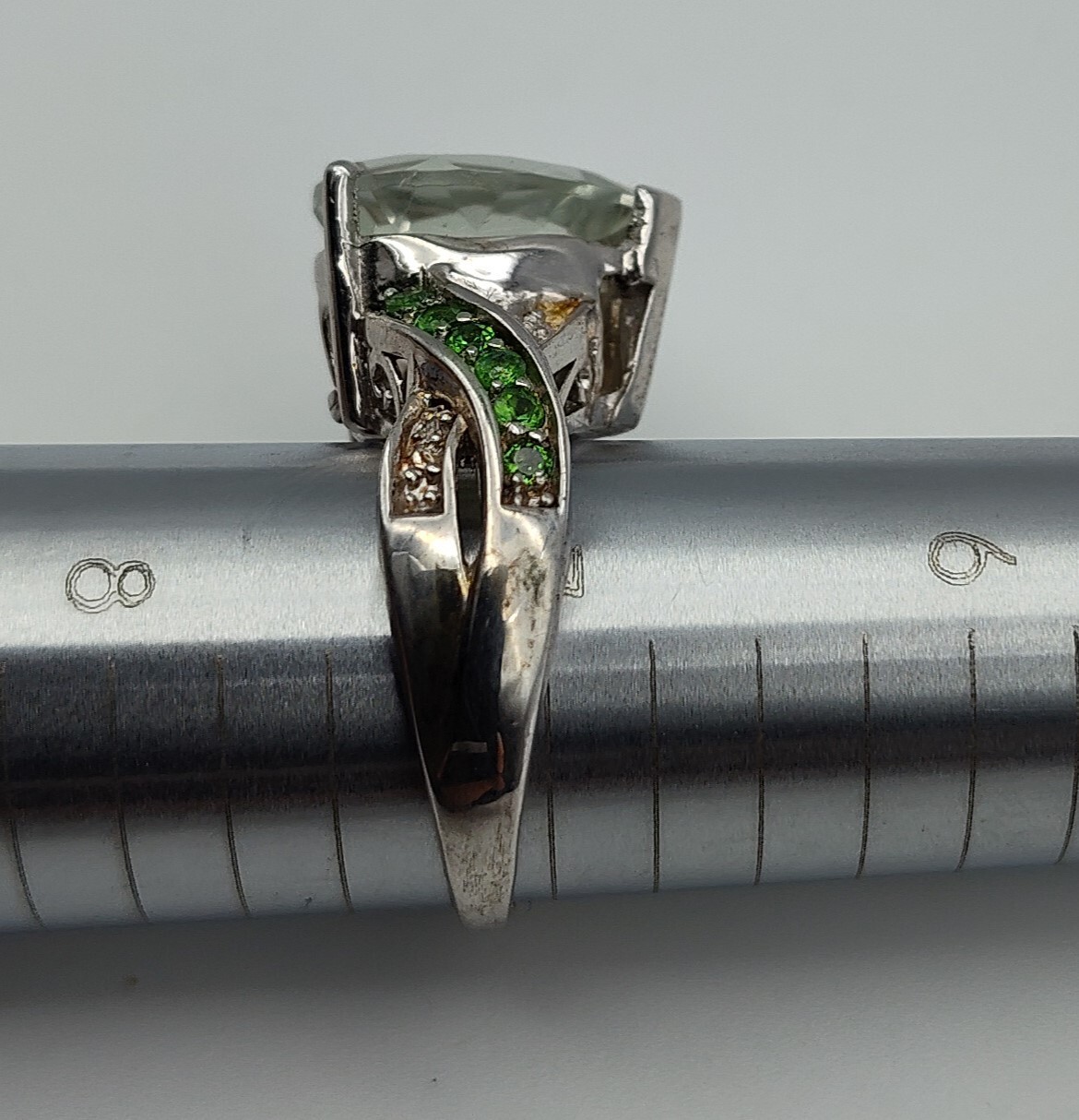 Vintage Very Light Green Pear Stone Sterling Silver Filigree STS 925 Ring Size 7