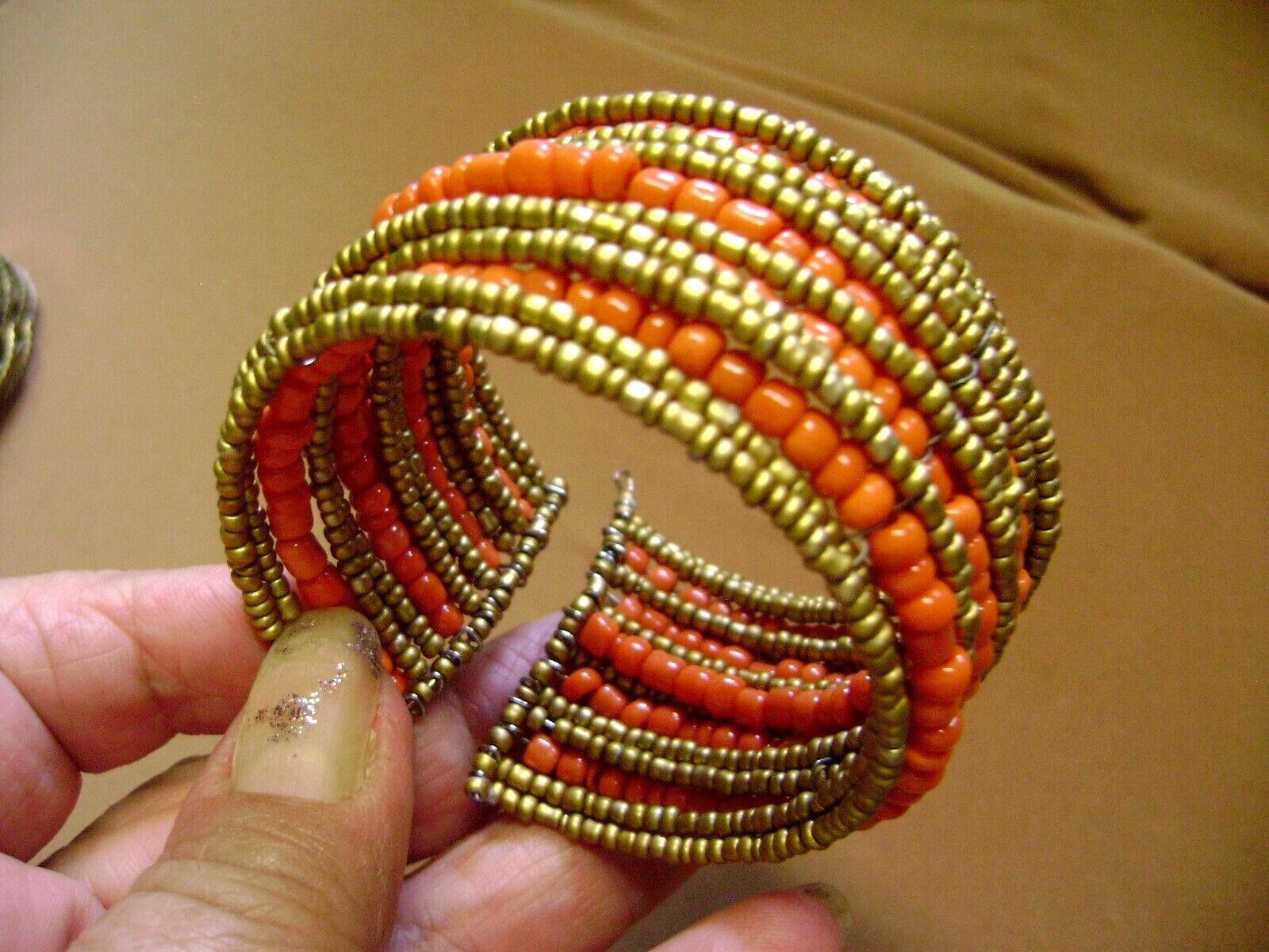 ORANGE & GOLD GLASS BEADED WIDE OPEN CUFF STRETCH BRACELET!!!