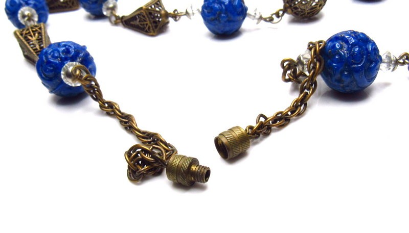 Art Deco Neiger Carved Lapis Glass Necklace