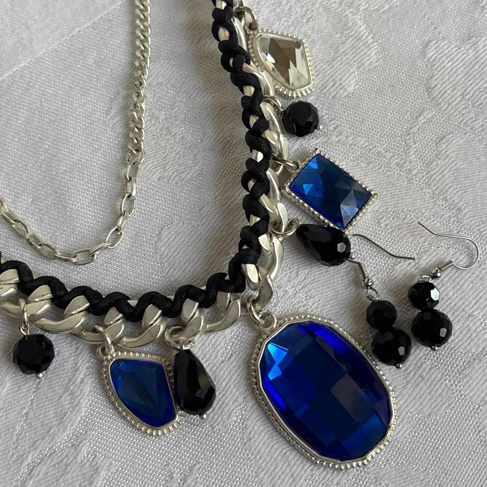 Park Lane Fascinated Necklace Satin Brushed Silver Tone Blue Black & Bns Earring
