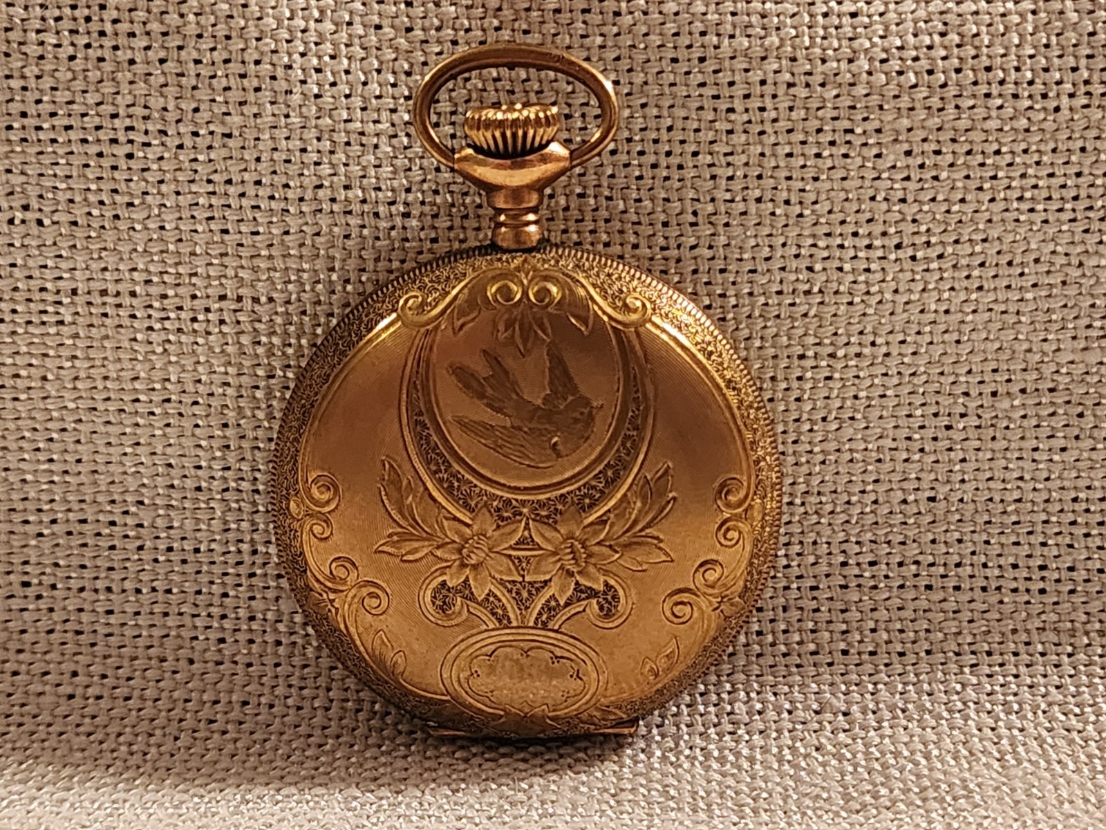 Antique Swiss Ladies Pocket Watch Gold Filled Hunter Case Bird Engraved WW