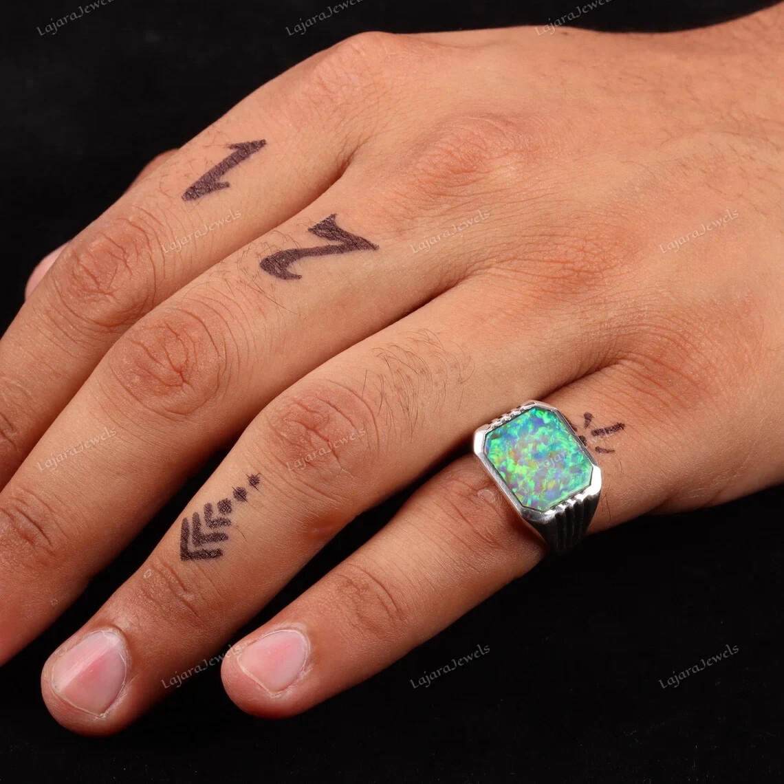 Rainbow Fire Opal Ring, 925 Sterling Silver Mens Signet Ring, Gift For Boyfriend
