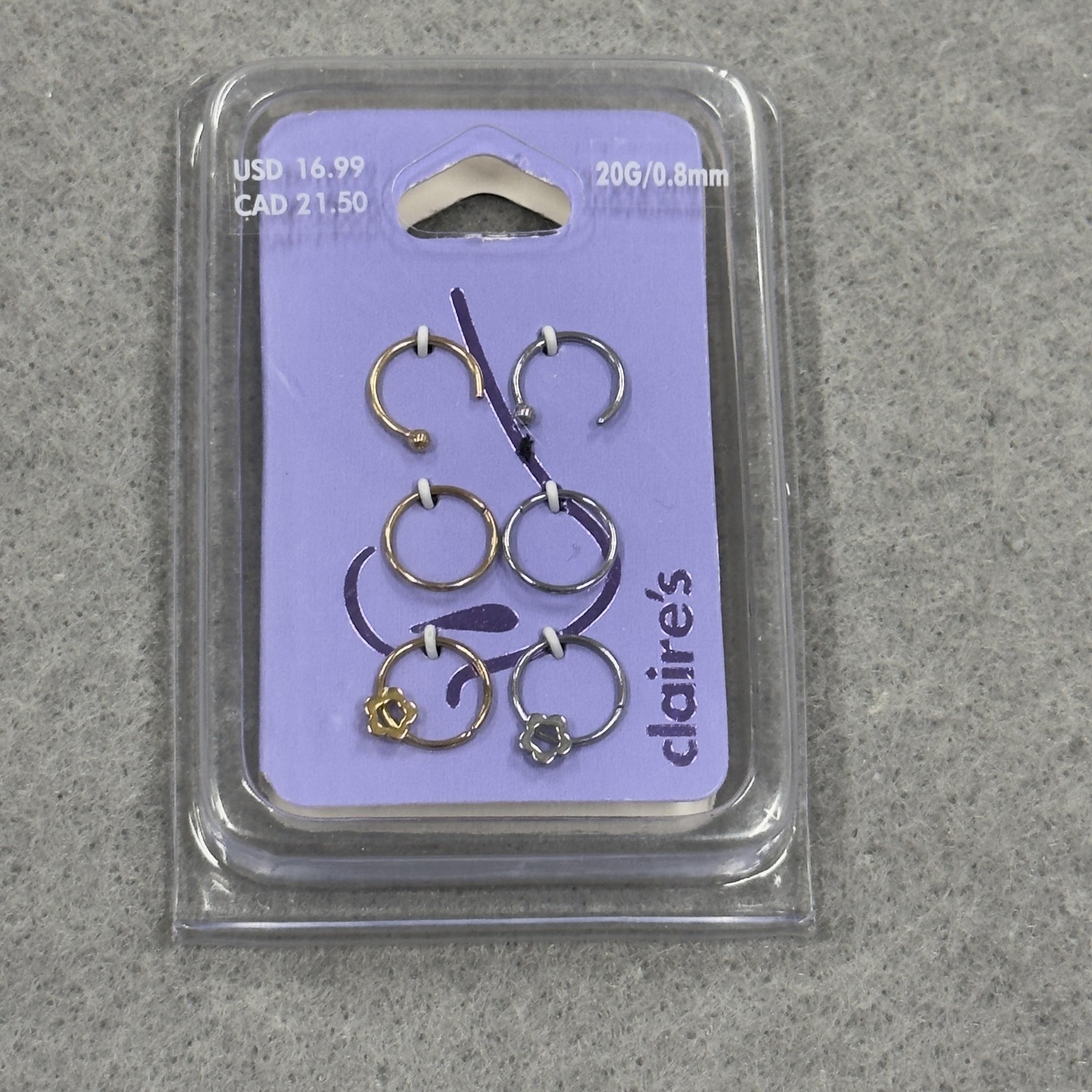 Claire’s Nose Ring Set 20G 0.8mm 6 Pack Mixed Gold Silver Hoop Jewelry Piercing
