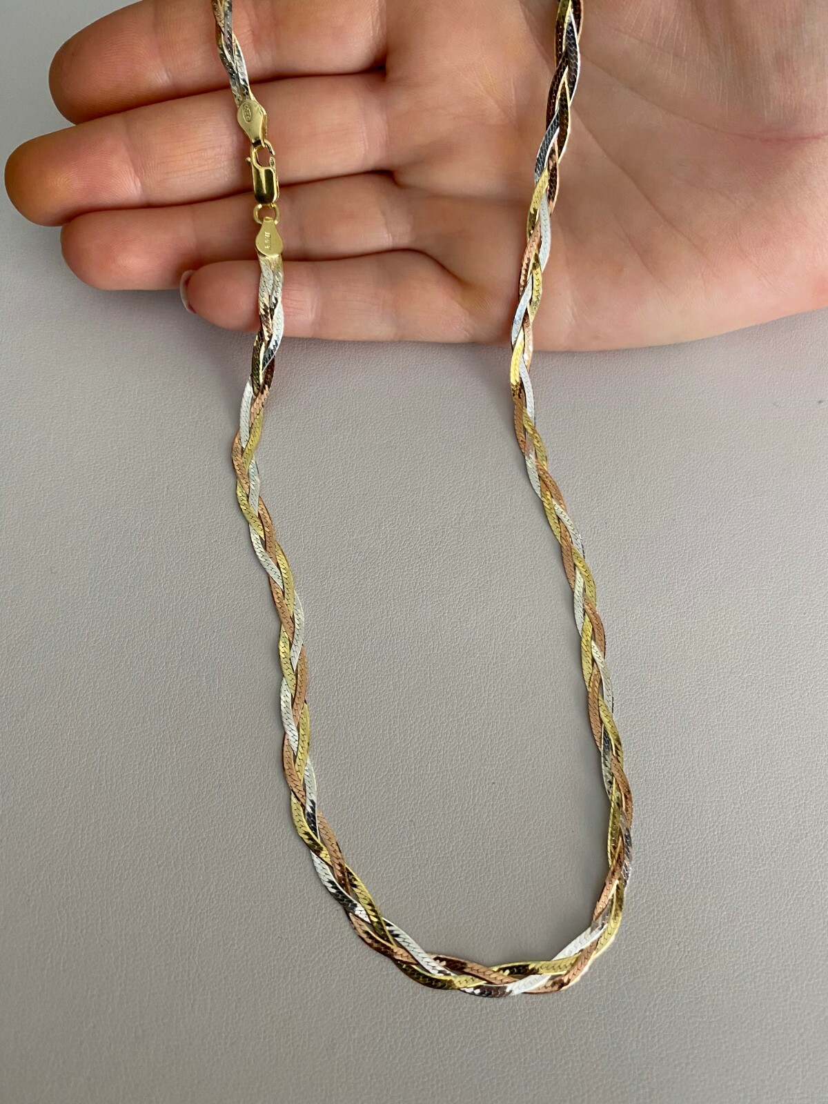 925 Silver Tri-Color Yellow Rose Gold Plated Twisted Braided Herringbone Chain