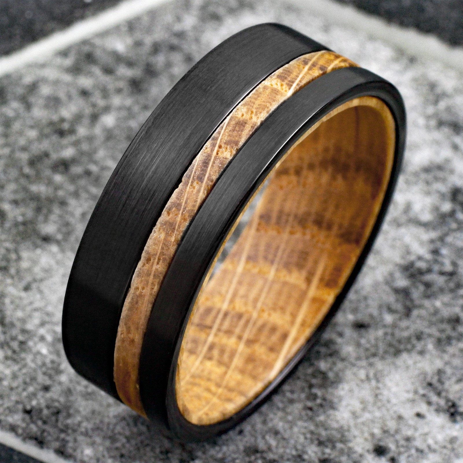 8mm Men’s Black Brushed Tungsten Carbide-Whiskey Barrel Wood Wedding Band Ring