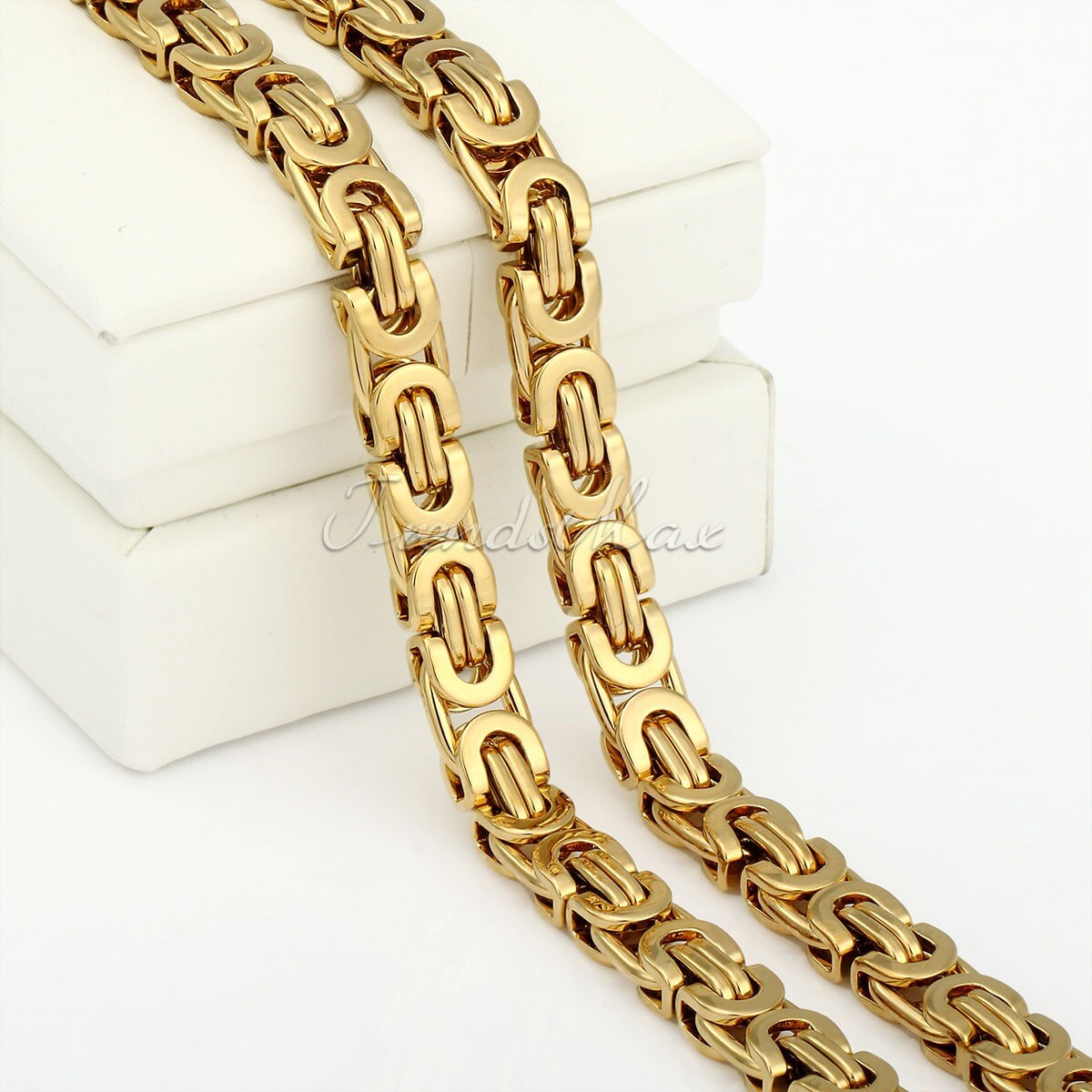 7mm 18-30 in Gold Plated Stainless Steel Necklace Flat Byzantine Mens Boys Chain