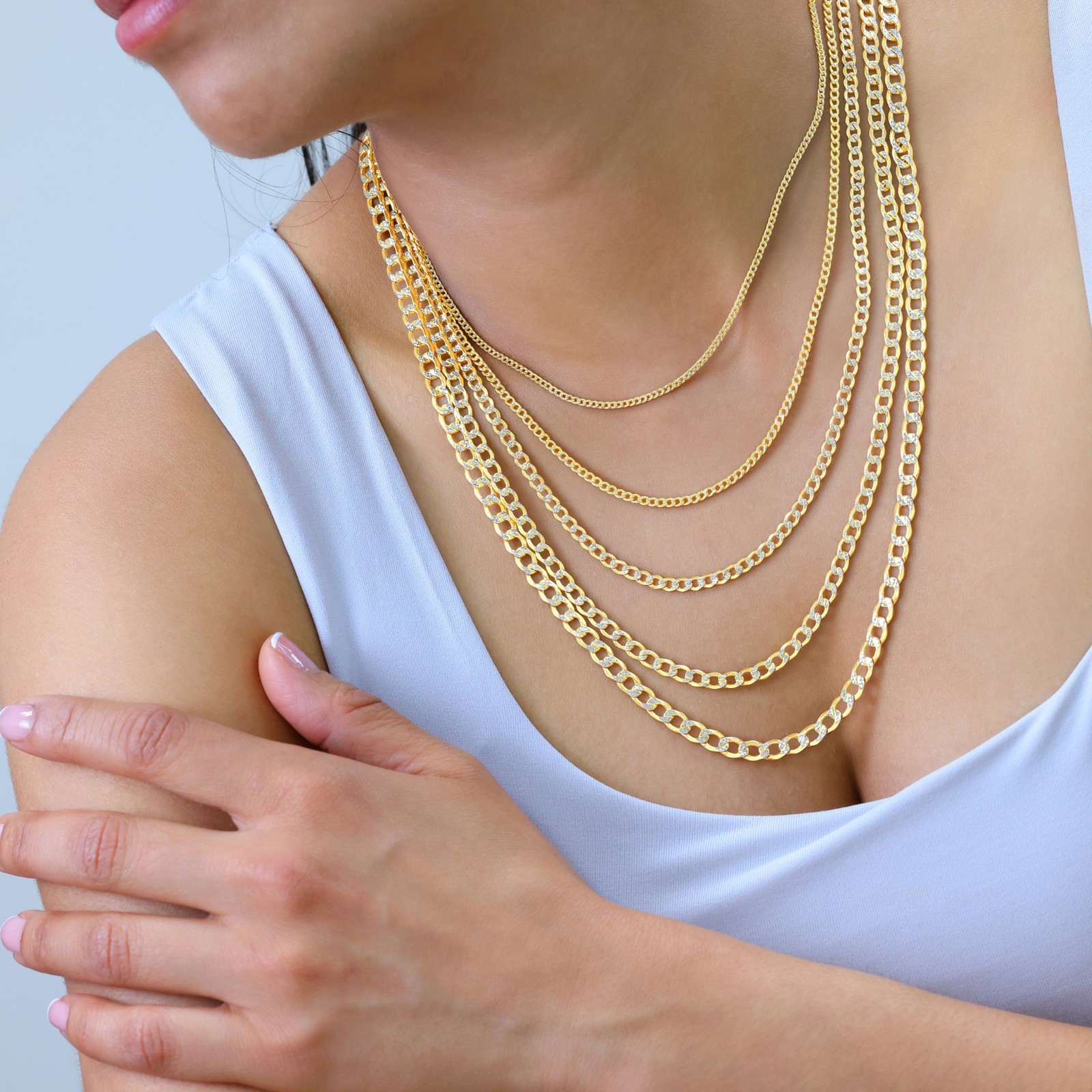 10K Yellow Gold 2mm-7.5mm Diamond Cut White Pave Cuban Chain Necklace 16″- 30″