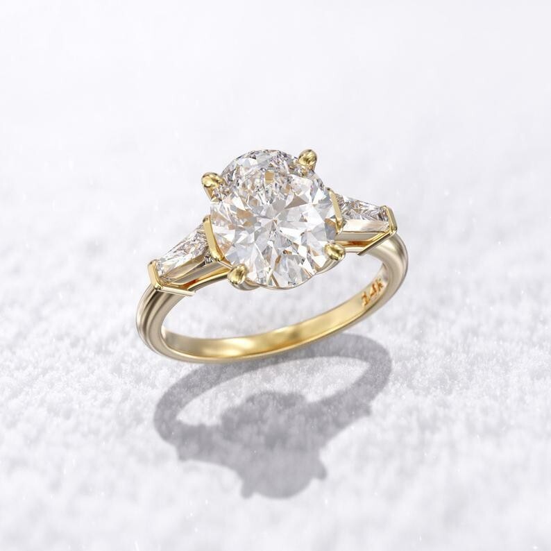 2Ct Oval Cut Diamond 3 Stone Simulated Engagement Ring 14K Yellow Gold Finish
