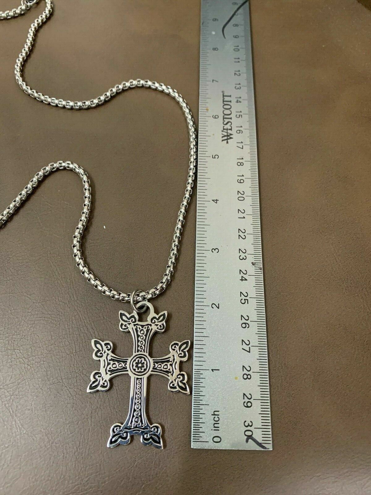 Armenia Khachkar Armenian Cross Prayer Pendant 26 inch Necklace Thick Link Chain