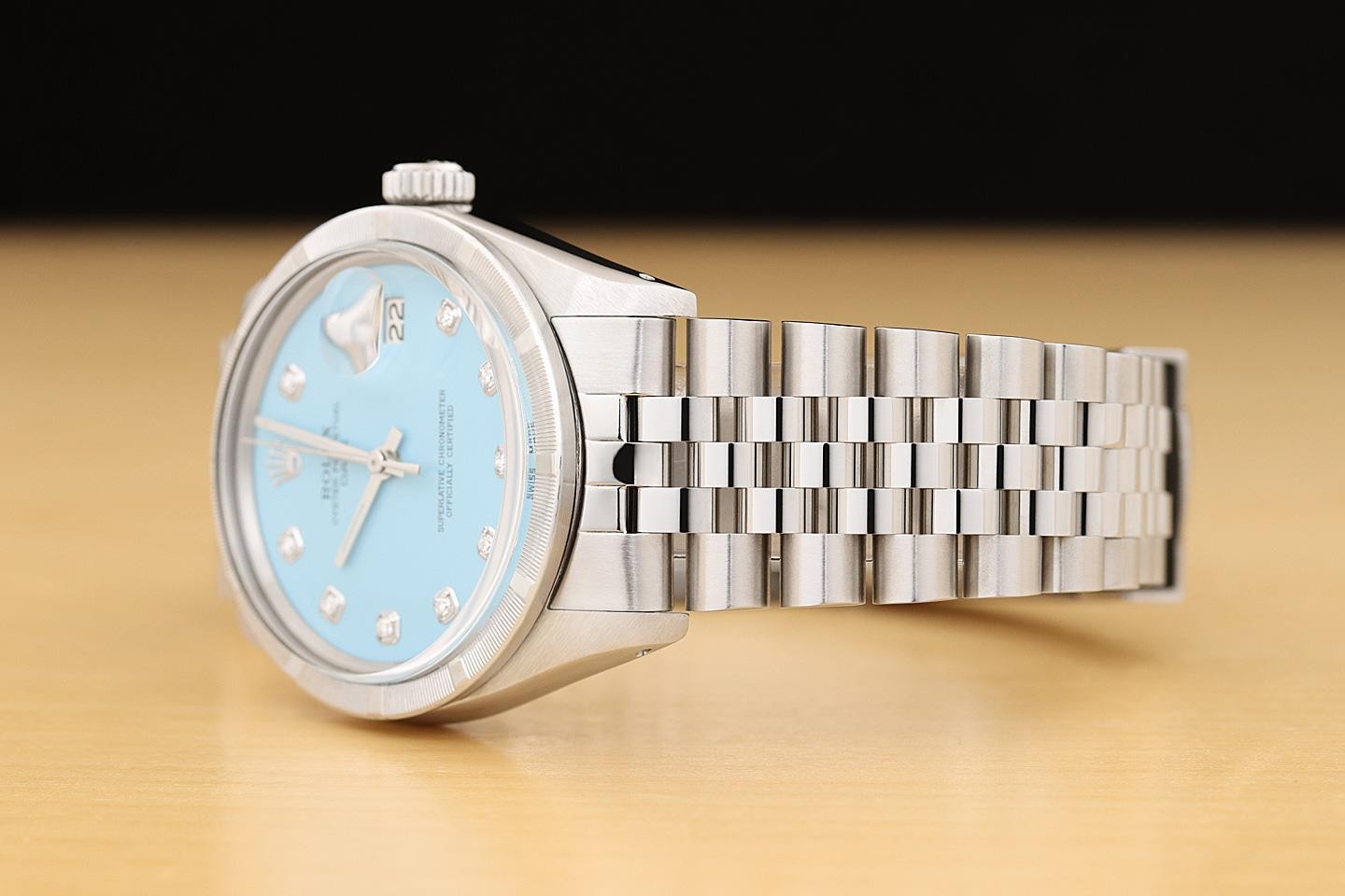 ROLEX OYSTER PERPETUAL DATE 1501 34MM STEEL AQUA BLUE DIAMOND JUBILEE WATCH