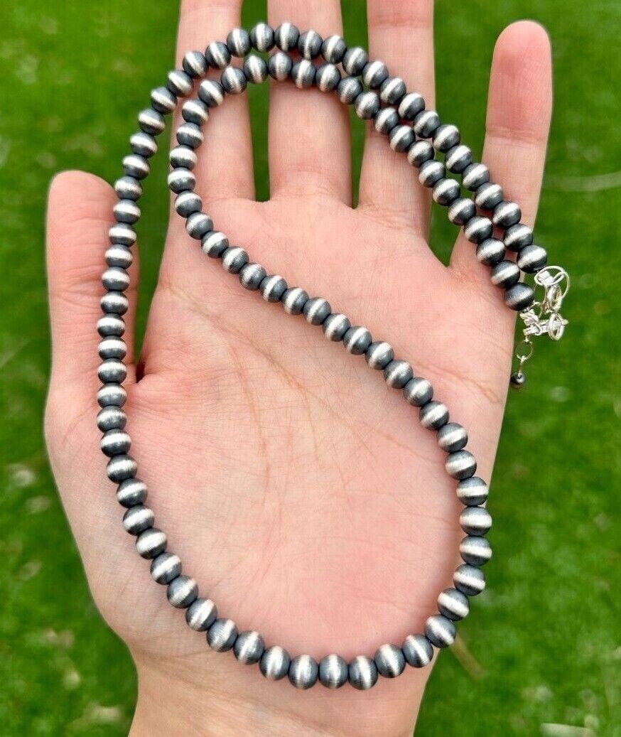 6mm 14 Inch 925 Sterling Silver Oxidized Pearls Bead Necklace Southwestern