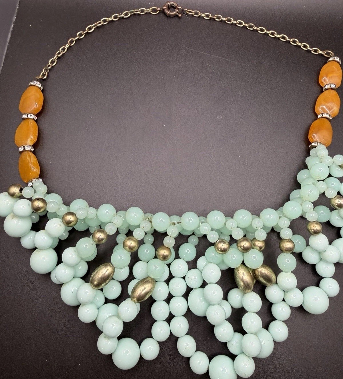 Anthropologie Mint Green Orange Beaded Bib Statement Necklace Gold Tone