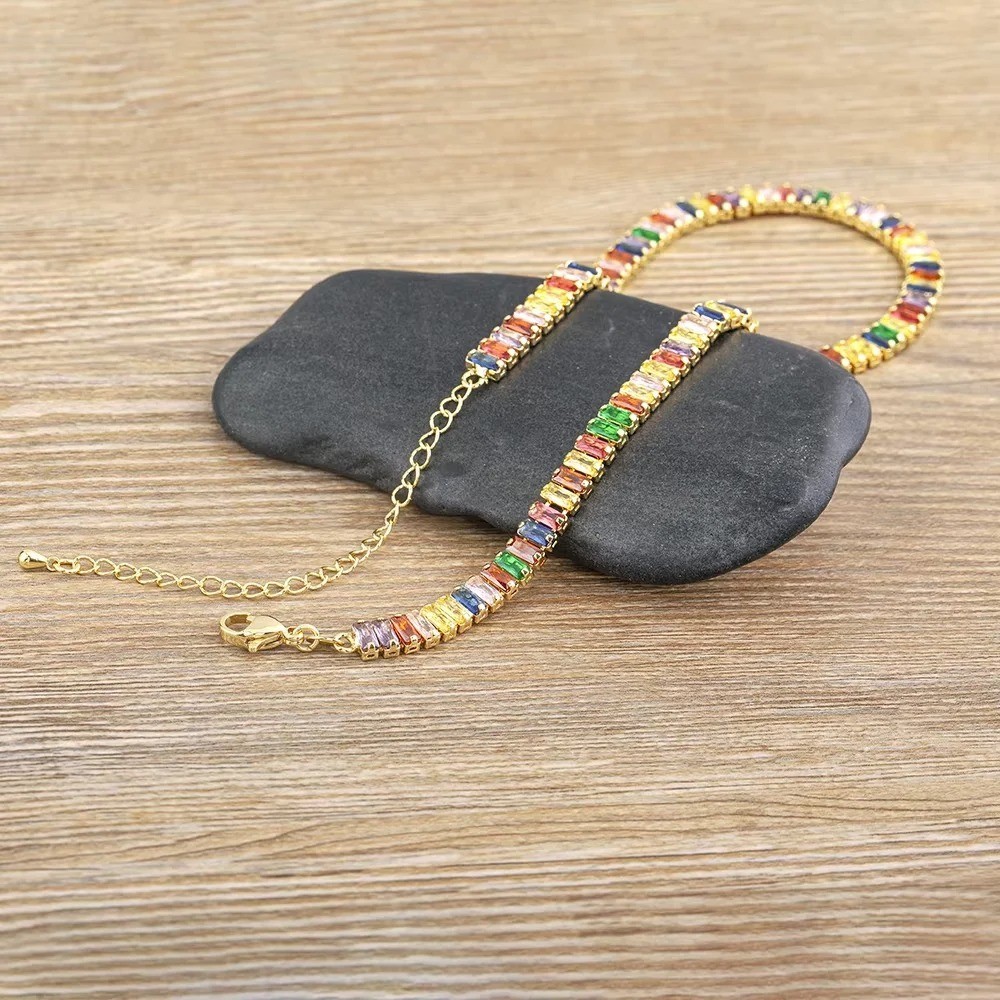 Classic Colorful Tennis Necklace Men and Women Rectangular Full Zircon.