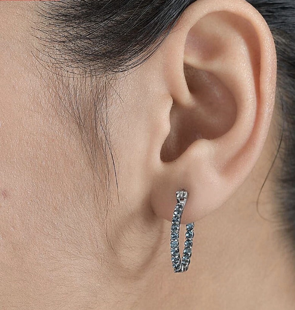 Stainless Steel And Swarovski Montana Blue Crystal Hoops NWT Everyday Wear