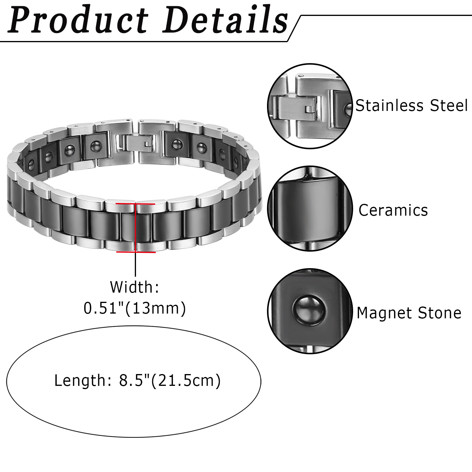 Men’s Wide Ceramic Link Stainless Steel Health Power Therapy Magnetic Bracelet