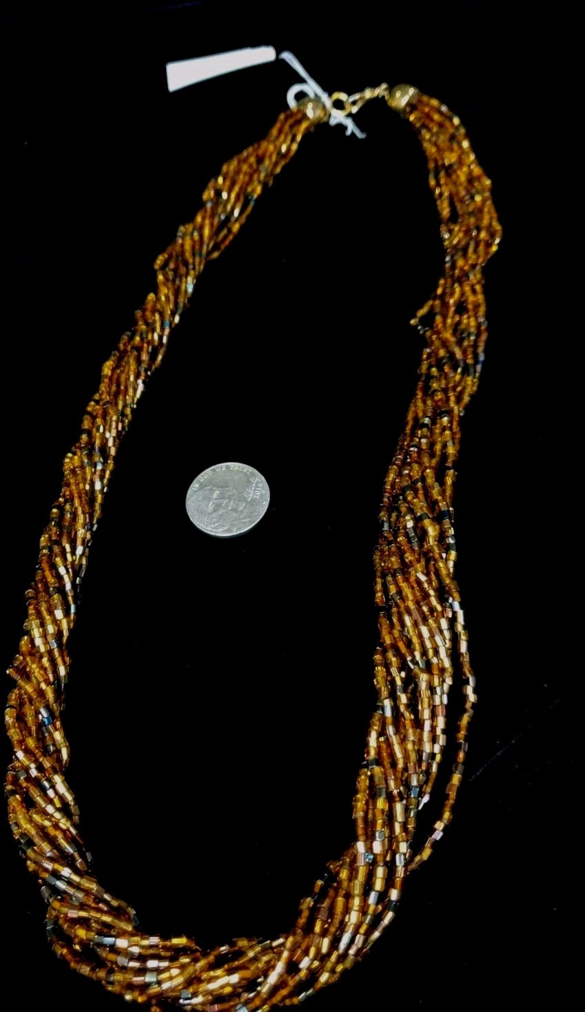 Vintage Czech Republic Boho Caramel Black Gold Glass Bead 12 Strand Necklace 50s