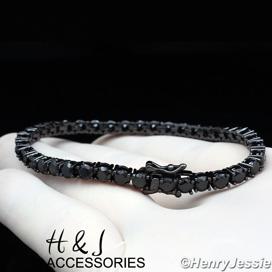 7″-8.5″MEN WOMEN 14K BLACK GOLD PLATED 4MM 1 ROW BLACK CZ TENNIS BRACELET*BB2