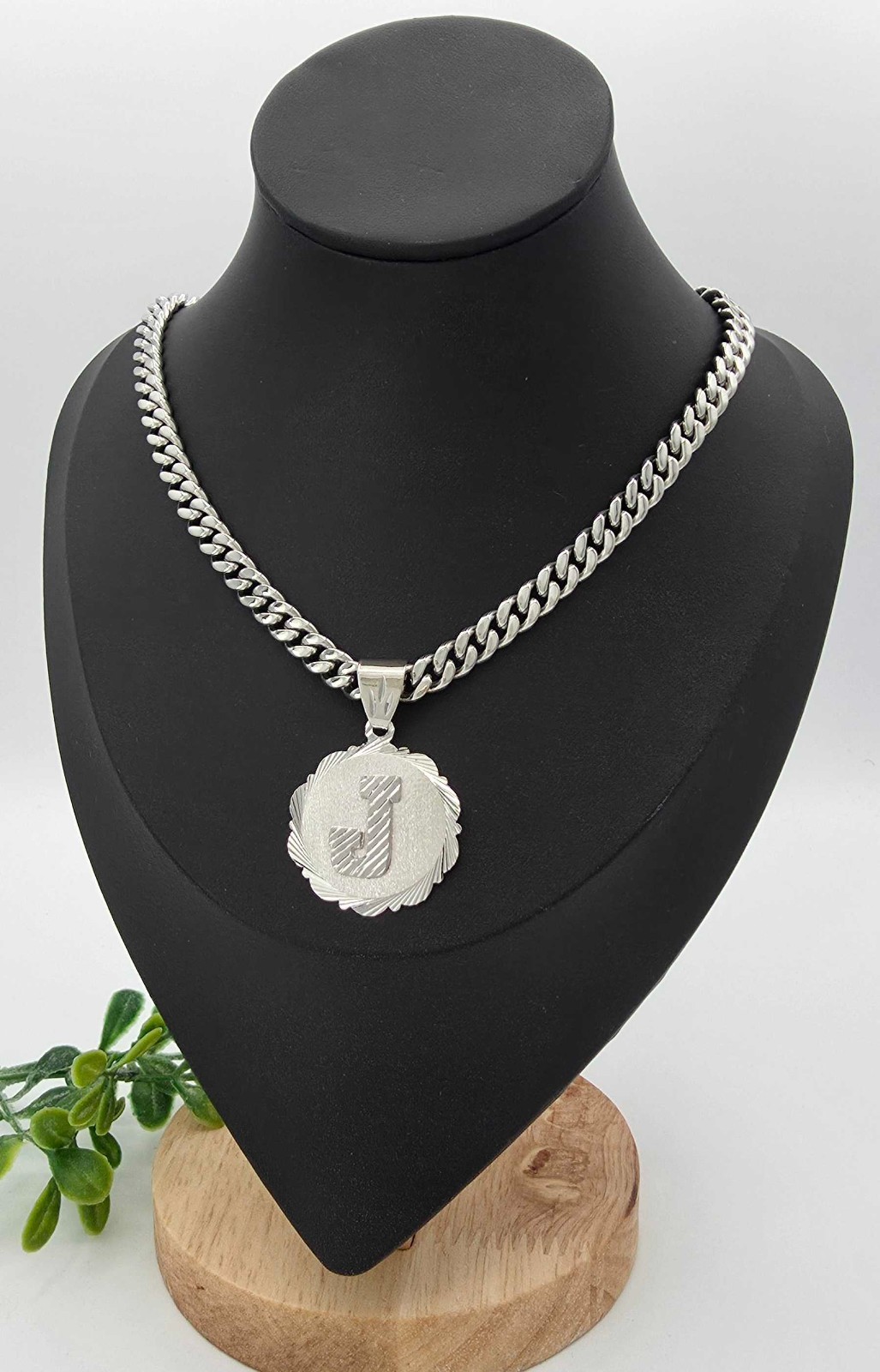 Silver Initial Necklace: 7mm Cuban Chain, 30mm Pendant, Lifetime Replacement