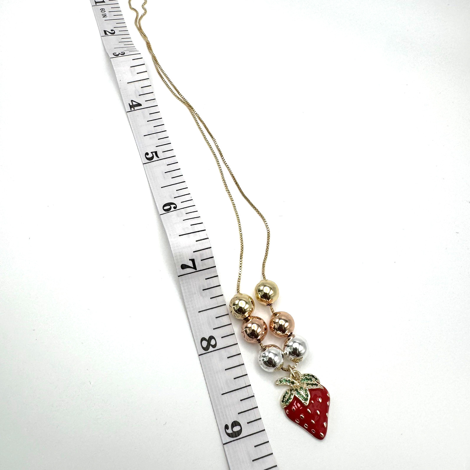 14K Gold filled Strawberry Necklace With Gold, Silver, and Rose Gold Toned Beads
