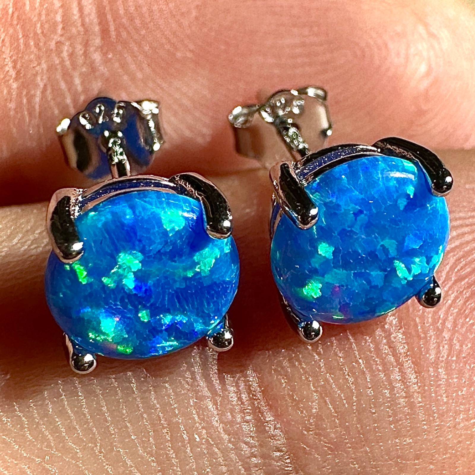 Blue Opal Stud Earrings 7mm 925 Sterling Silver Round Earrings for Women