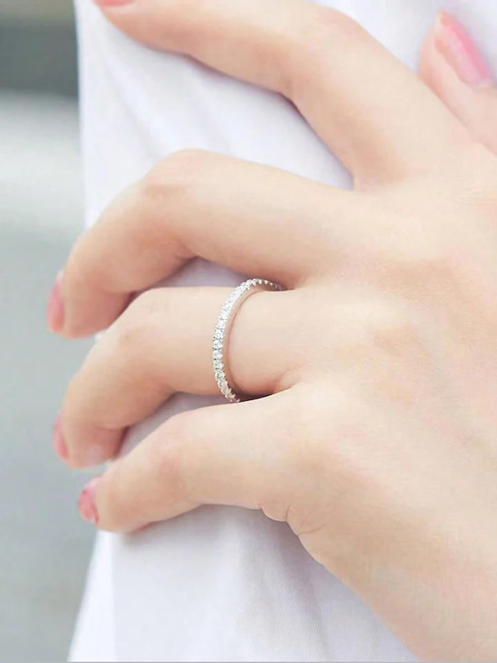 Stackable Plain Ring 925 Sterling Silver 1.4mm Full Zircon Wedding Band Jewelry