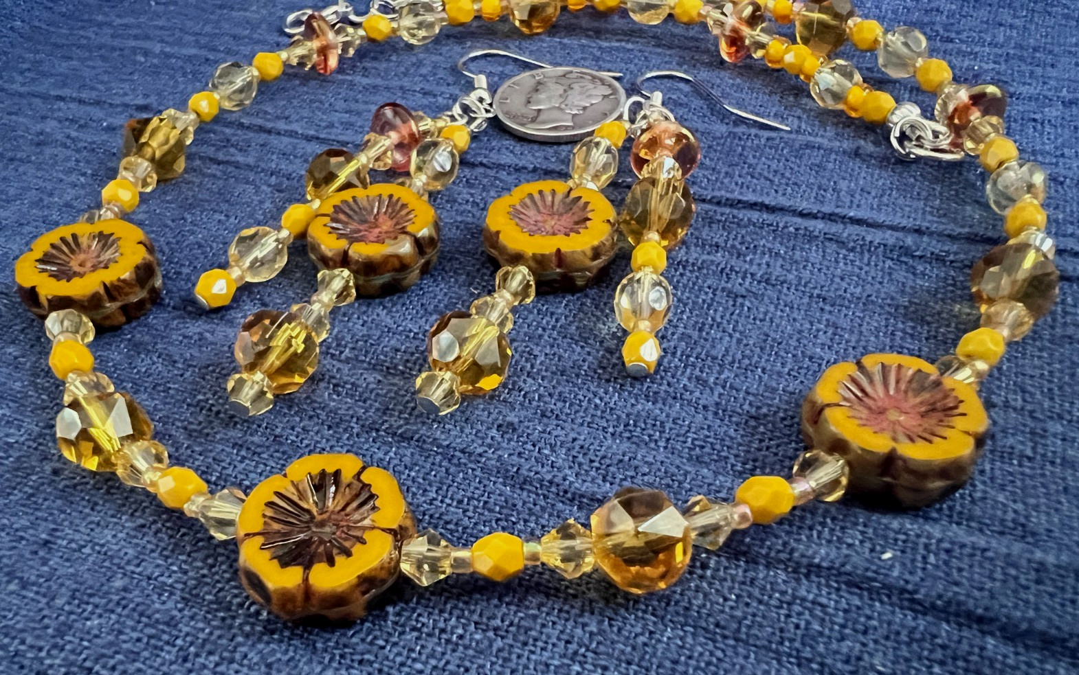 Beaded Necklace 17 Inches Czech Glass Hibiscus Flowers Dark Mustard