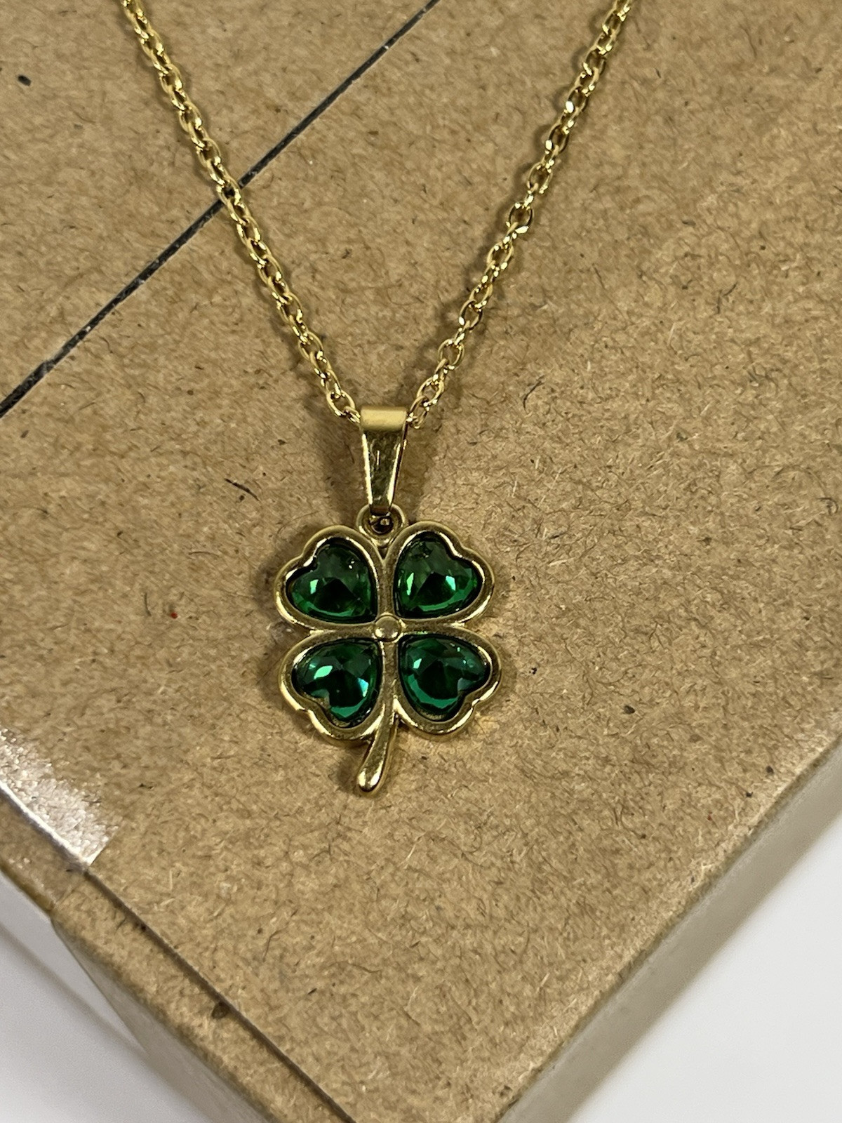 Four Leaf Clover Necklace Green Zircon Gems Gold Colored Chain New