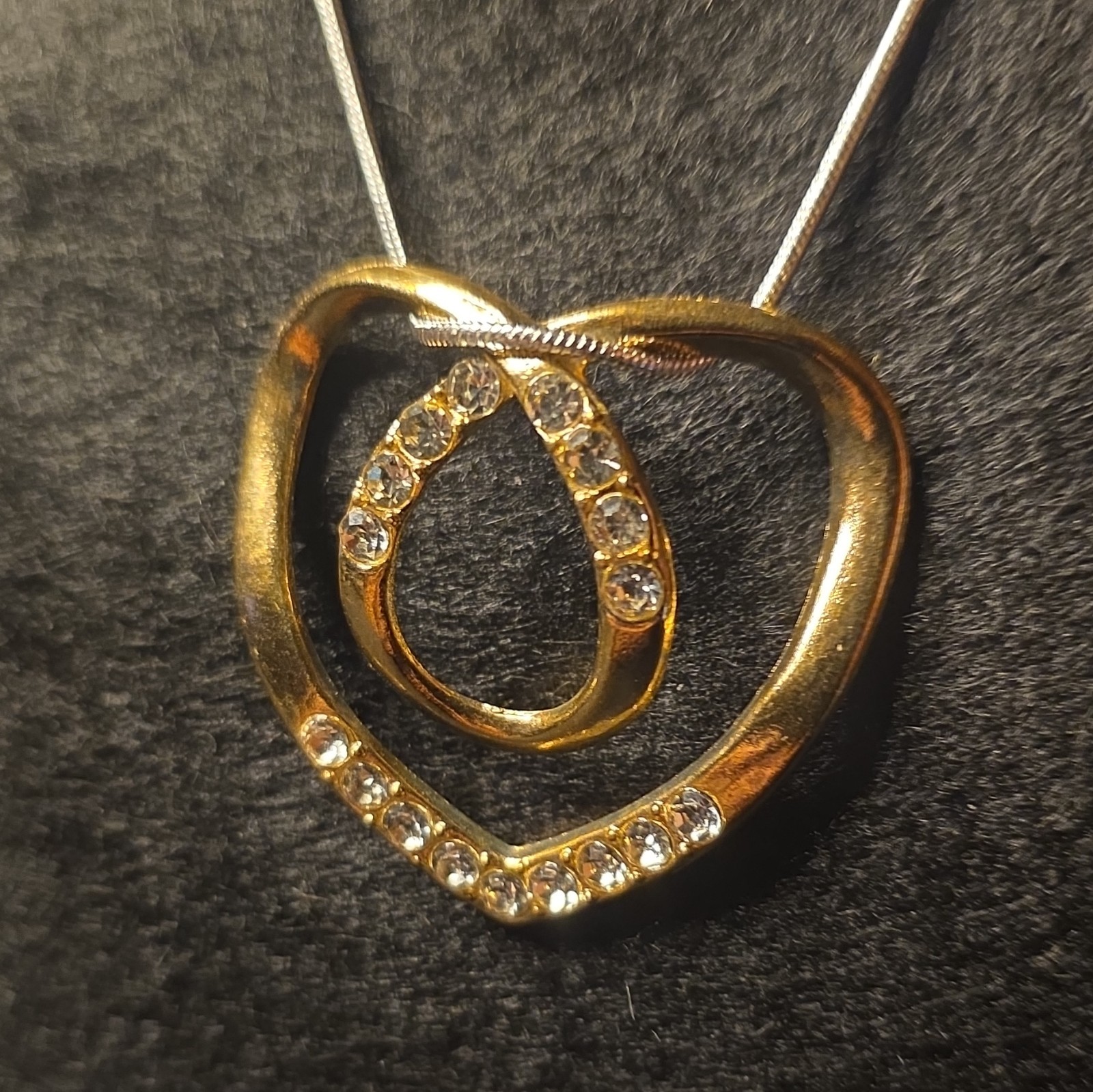 Vintage Gold Tone Rhinestone Heart Pendant Necklace 24″ 925 Sterling Silver