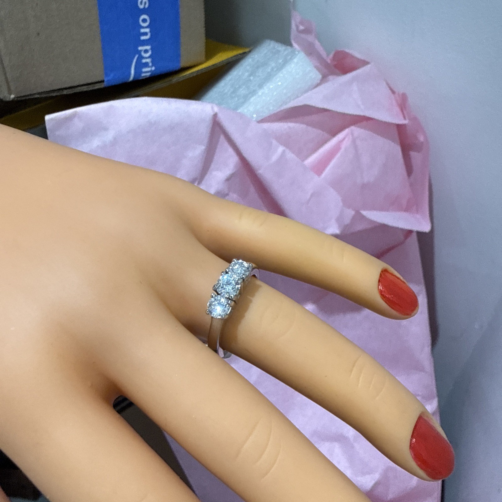 Bankruptcy Sale 80%Off 3 Stone Natural Large Quality Diamond 14K White Gold Ring