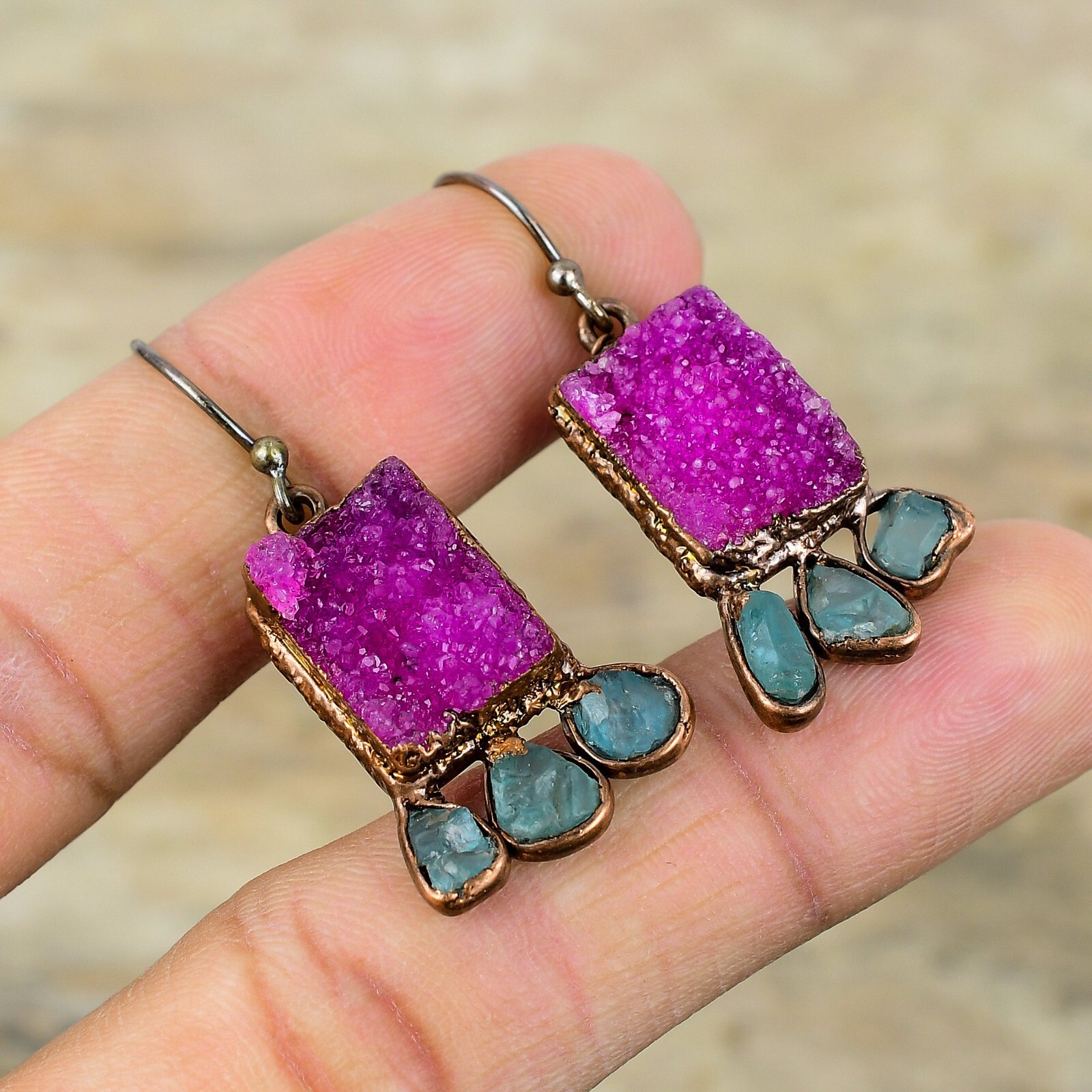 Pink Druzy Jewelry Copper Mom Gift Electroformed Drop/Dangle Earrings 1.77″