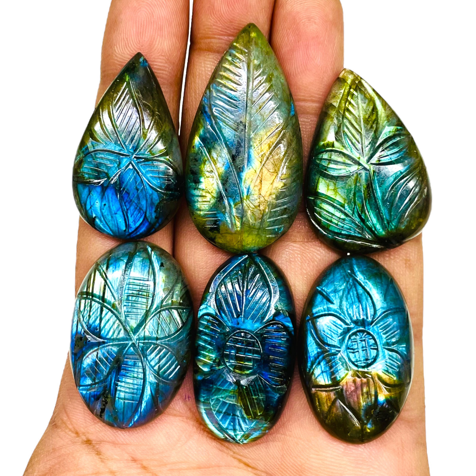 6 Pcs Natural Carved Labradorite 34.5-42mm Huge Pendant Size Loose Gemstones Lot