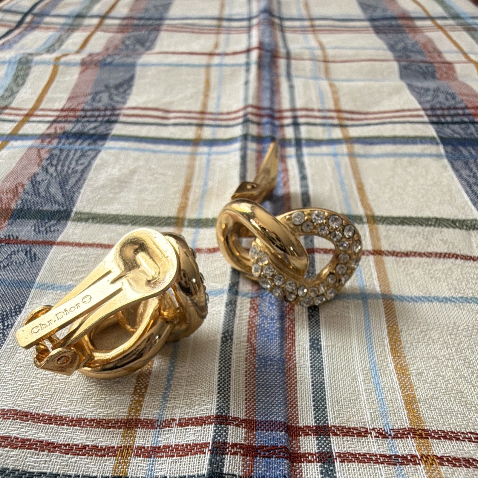 Vintage Christian Dior Interlocking Link Clip On Earrings Rhinestone Signed Gold