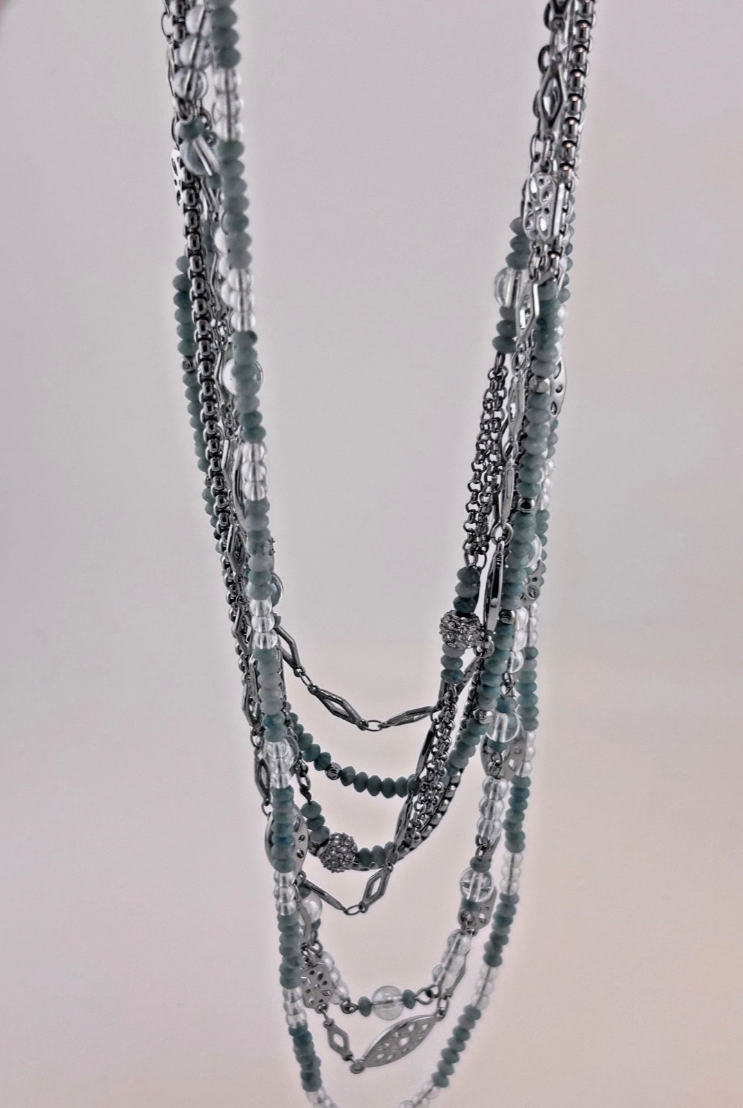 WHBM multi strand necklace. Pale Blue and icy-grey faceted seeds