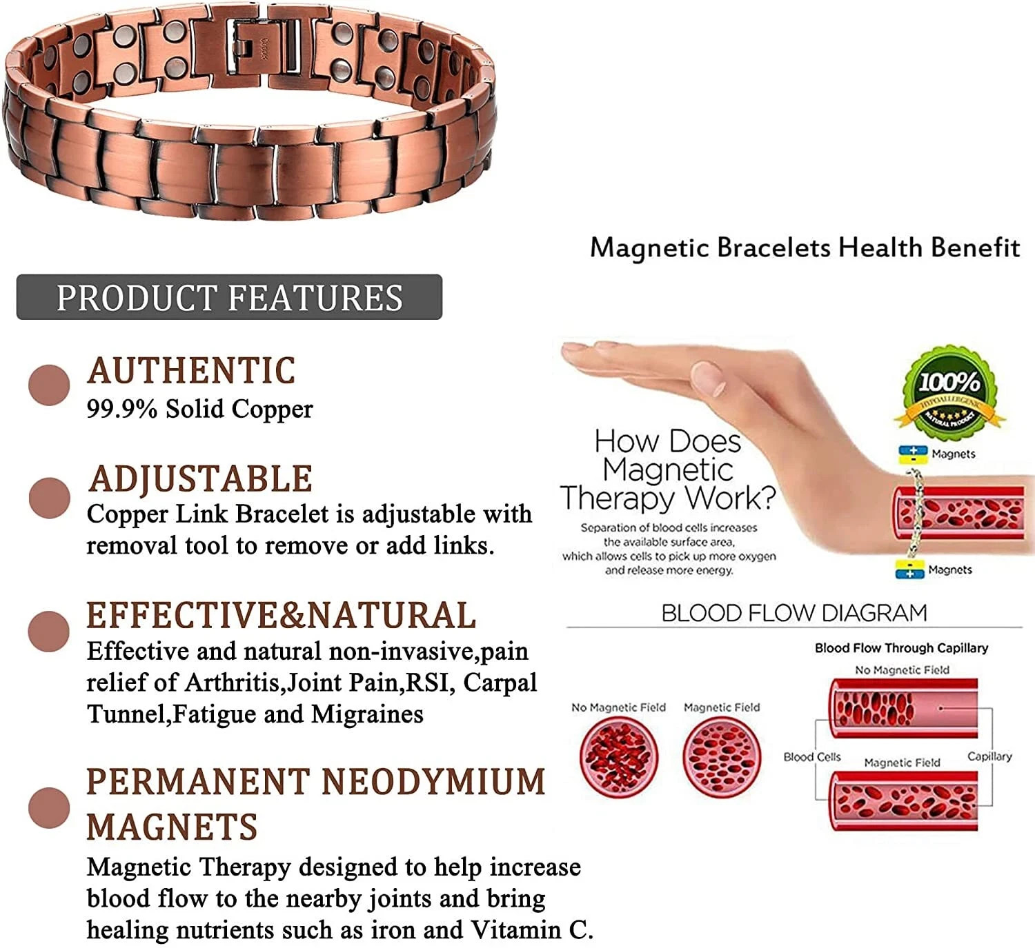 Men’s Bracelet Magnetic Therapy Arthritis Pain Relief Pure Solid Copper Bangle