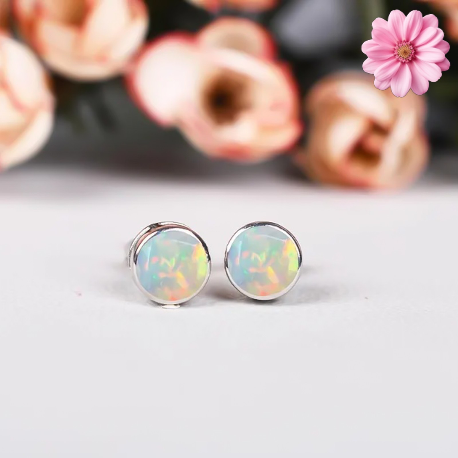 100% Original Fire Opal Round Gemstone 925 Sterling Silver Women Stud Earrings