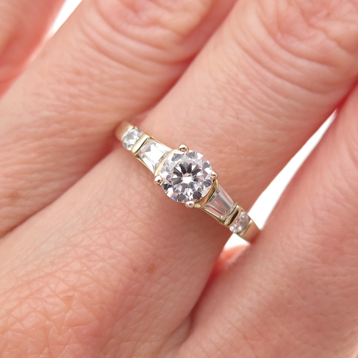 925 Sterling Gold Plated Round & Tapered Baguette-Cut C Z Engagement Ring Size 6