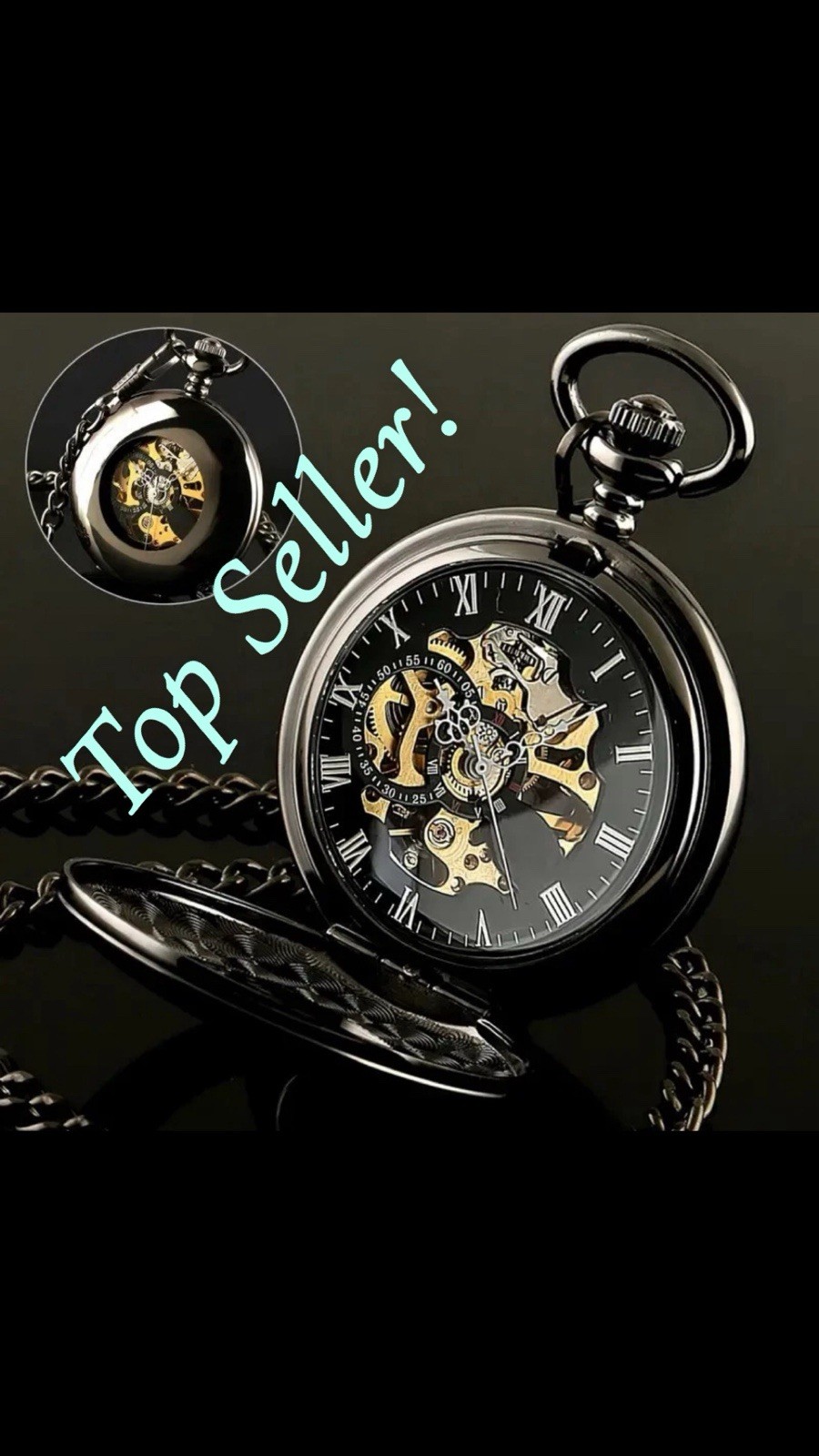 NEW! Automatic Mechanical Self-Winding Pocket Watch – Black – Great Gift for Dad