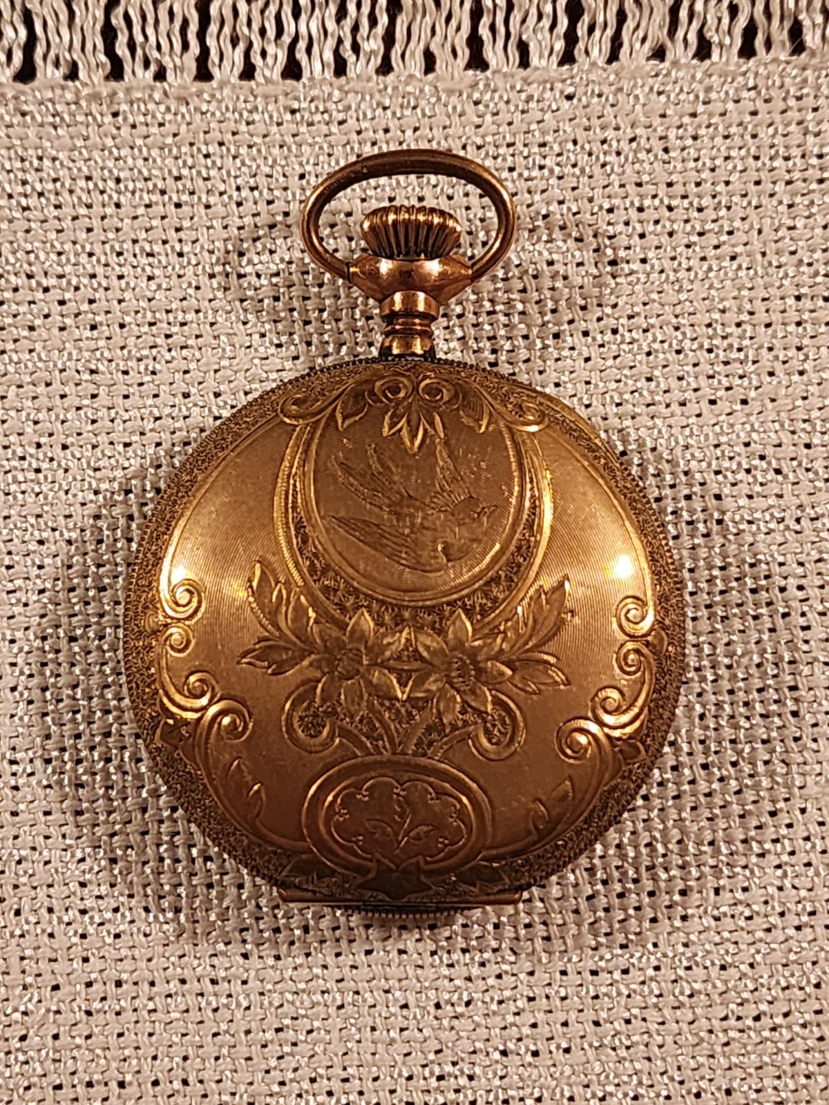 Antique Swiss Ladies Pocket Watch Gold Filled Hunter Case Bird Engraved WW