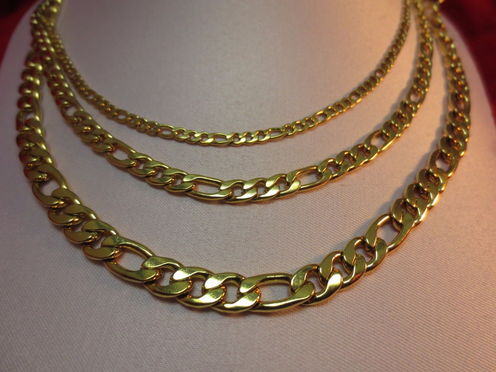 3/5/7MM STAINLESS STEEL GOLD PLATED FIGARO ROPE CHAIN 16″-60″- GOLD