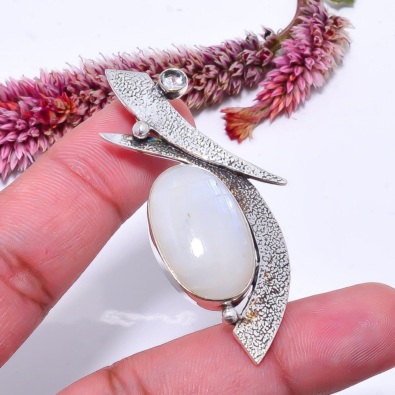 Rainbow Moonstone – India Designer Handmade 925 Sterling Silver Pendant 2.26″ P3
