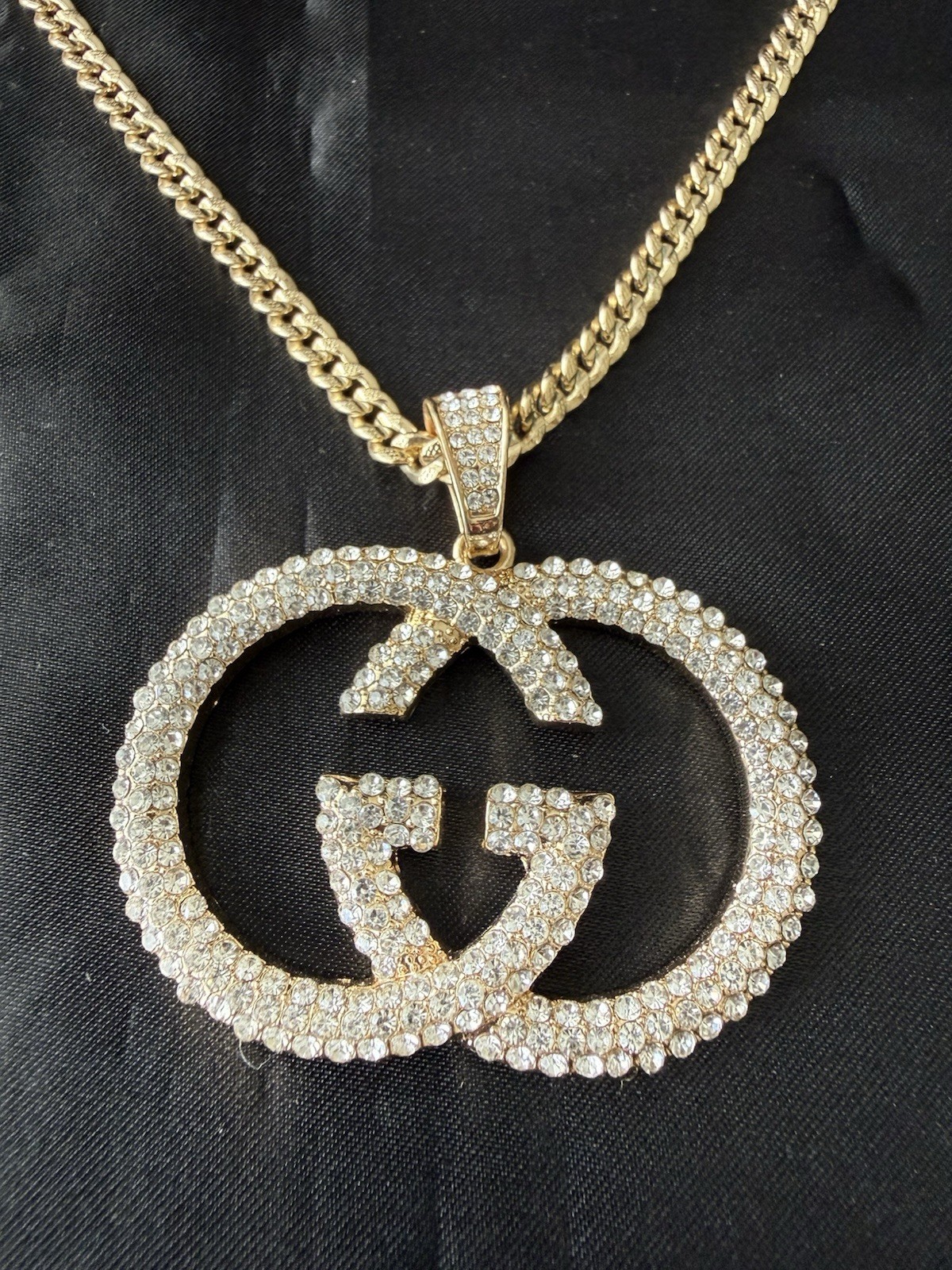 Gold Tone Necklace Iced Out Rhinestone Hip Hop Rap Statement 16”
