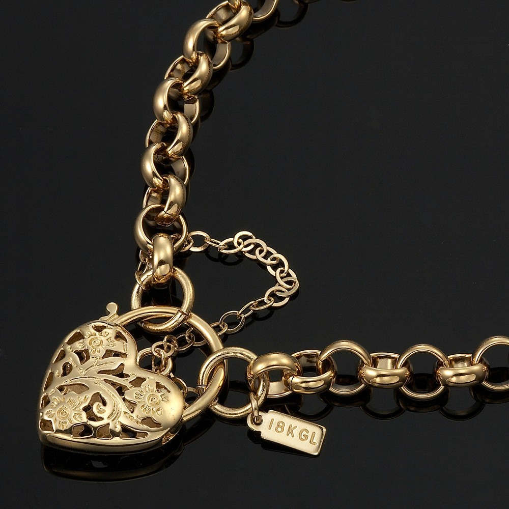 18K GL Solid Belcher Yellow Gold Bracelet & Filigree Heart Padlock