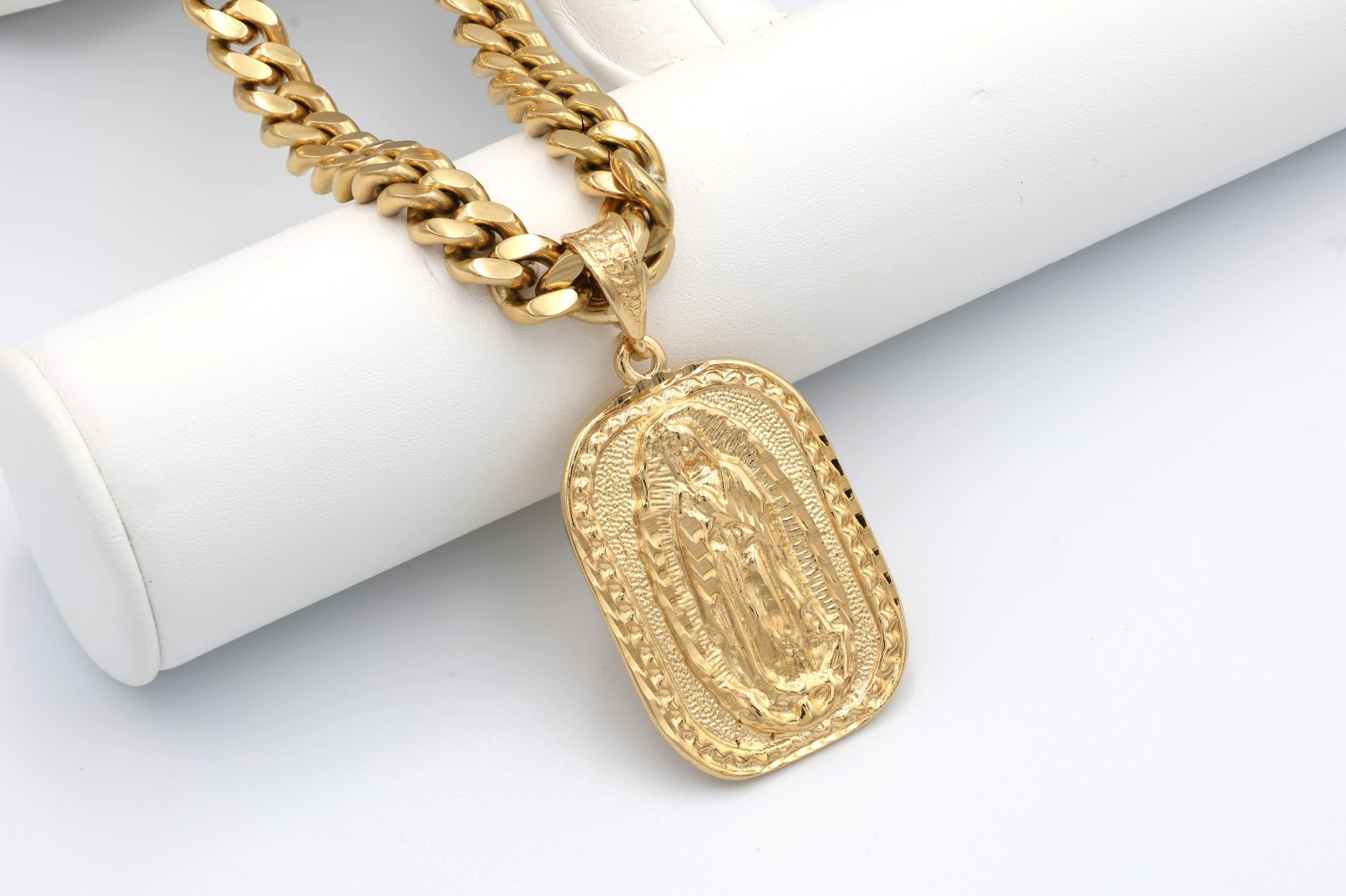 Large Virgin Mary Necklace, Gold Guadalupe Pendant, 14k Heavy Plated, 10mm Cuban